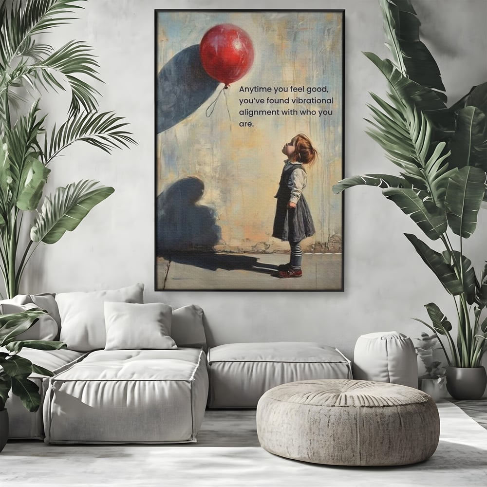 Tablou canvas cu tablou canvas cu fetita si balon rosu, in rama de aluminiu negru, pe perete intr-un living